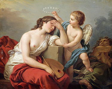 Louis Lagrenée - The love of art comforts painting against the ridiculous and venomous writings of her enemies, (1781).