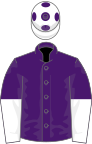 Purple, white halved sleeves, white cap, purple spots