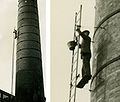 Laddering a chimney in central Bristol, England, taken around 1960. The enlargement shows the total lack of safety precautions.