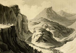 Robert Ker Porter's 1821 drawing of the Garni Gorge.[79] The ruins are on the promontory on the left.[16]