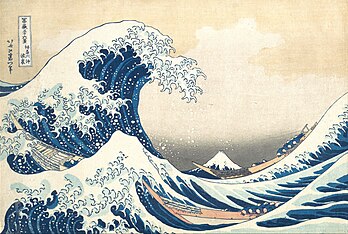 La Grande Vague de Kanagawa, gravure sur bois réalisée par Hokusai (vers 1830). (définition réelle 3 859 × 2 594)