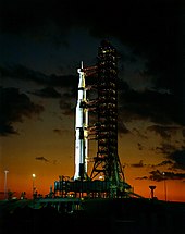 Night view of a rocket on a launch pad