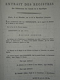 Arrêté consulaire du 27 messidor an X (16 juillet 1802), version imprimée localement diffusée par la circulaire du préfet colonial de la Guadeloupe du 6 prairial an X aux commissaires des quartiers.
