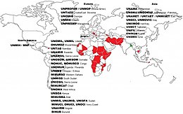 World map, indicating where the Bangladeshi UN peacekeeping force is stationed