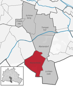 Stadsdelen Marienfeldes läge i stadsdelsområdet Tempelhof-Schöneberg, Berlin