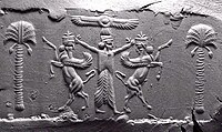 Modern impression of Achaemenid cylinder seal, fifth century BC. A winged solar disc legitimises the Achaemenid emperor, who subdues two rampant Mesopotamian lamassu figures