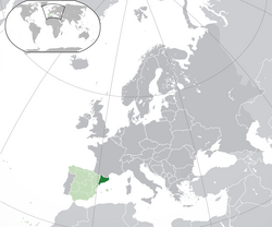  Cataloniens placering  (mørkegrøn) – på det europæiske kontinent  (grøn og mørkegrå) – i Spanien  (grøn)  –  [Forklaring]