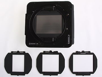 filmside-view of Roll Film Holder IIIN (without Format-Mask in the format 6x8cm) with depicted Format-Masks 6x4.5 cm, 6x6cm, 6x7cm for Fuji GX680III Professional