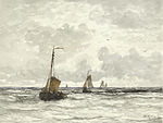 Hendrik Willem Mesdag, "Kalalaevad murdlainetes", akvarell, 1841–1915