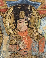 Right frontispiece: ruler in Turkic dress (long braids, large Sharbush fur hat, boots, fitting coat), in the Maqamat of al-Hariri, 1237 CE, probably Baghdad.[5]