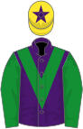 Purple, green chevron and sleeves, yellow cap, purple star