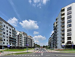 Apartment buildings at Hubalczyków Street, located in Odolany, in 2018.