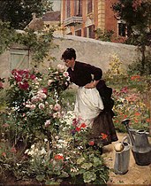 Giovane donna nel giardino fiorito (1885 circa)