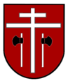 Gemeinde Klimmach In Rot ein silbernes Patriarchenkreuz, unten beseitet von zwei nach auswärts gewendeten silbernen Beilen mit goldenen Stielen.