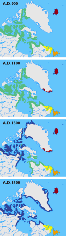 Maps showing the different cultures (Dorset, Thule, Norse, Innu, and Beothuk) in Greenland, Labrador, Newfoundland and the Canadian Arctic islands in the years 900, 1100, 1300 and 1500