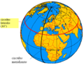 Meridianus primarius ater et circulus aequatori parallelus 30 graduum ad septentriones versus ruber