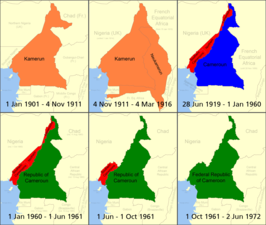 Geschiedenis van Kameroen ■ Duits-Kameroen (Kamerun) ■ Brits-Kameroen (Cameroons) ■ Frans-Kameroen (Cameroun) ■ De moderne republiek Kameroen