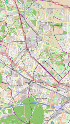 Mapa konturowa Chorzowa, blisko centrum na prawo znajduje się punkt z opisem „Stadion Śląski”