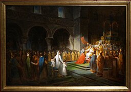 Recreación de la coronación de Pipino el Breve el domingo 28 de julio de 754 por el papa Esteban II, en la abadía real de Saint-Denis. Supuso el inicio del gobierno de la dinastía carolingia.