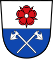 Markt Königstein Geteilt von Silber und Blau, oben eine rote heraldische Rose mit silbernem Butzen, unten schräg gekreuzt zwei silberne Reuthauen.