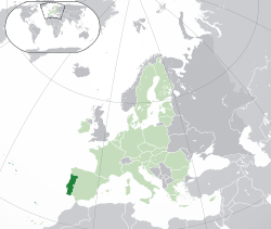 Lokasi Portugal  (hijau tua) – di dalam Kesatuan Eropah  (hijau muda) – di Eropah  (EU) — (Lagenda)