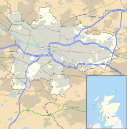 Mapa konturowa Glasgow, w centrum znajduje się punkt z opisem „Celtic”, natomiast po lewej znajduje się punkt z opisem „Rangers”