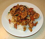 Westernized version of Kung Pao chicken gaifan, served in London