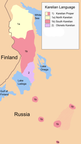 Karjalan kielen murrealueet (englanniksi) 1) varsinaiskarjala 1a) vienankarjala, eli pohjoiskarjala 1b) eteläkarjala 2) aunuksenkarjala eli livvi