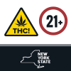 A symbol containing a yellow diamond on the left with black outlines with a black marijuana leaf inside next to a red outlined circle with the "21+" written inside, below the two icons is a black bar with a white outline of the New York state map and "New York State" written in white