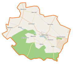 Mapa konturowa gminy Ostroróg, po lewej znajduje się punkt z opisem „Binino”