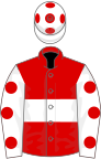 Red, white hoop, white sleeves, red spots, white cap, red spots