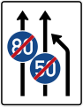 Zeichen 535-11 Einengungstafel; Darstellung ohne Gegenverkehr und mit integriertem Zeichen 279 StVO: noch zwei Fahrstreifen links in Fahrtrichtung