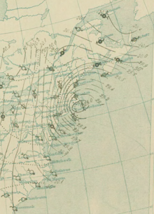 Analisi superficiale della grande tempesta del 1888. Le aree con una maggior concentrazione di isobare indicano venti più forti.