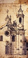 Arbeidsteikning for fasaden til Frans av Assisi-kyrkja.