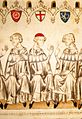 Die drei Kurfürsten aus dem späteren Rheinland-Pfalz unter ihren Wappen: v.l. Peter von Mainz, Balduin von Trier und Pfalzgraf Rudolf. (Federzeichnung auf Pergament aus dem Jahr 1341, heute Landeshauptarchiv Koblenz)