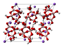 Baw-an-stick model o the unit cell o borax decahydrate