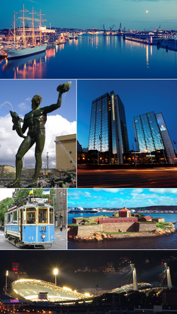 From left to right: View over Gothenburg and the Göta älv, Götaplatsen, Svenska Mässan , Gothenburg heritage tram, Elfsborg Fortress, Ullevi.