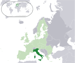 Ibùdó ilẹ̀  Itálíà  (dark green) – on the European continent  (light green & dark grey) – in the European Union  (light green)  —  [Legend]