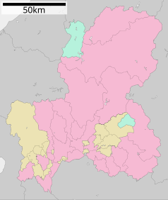 Mapa konturowa prefektury Gifu, w centrum znajduje się punkt z opisem „Gujō”