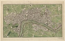 Map of London from Green Park to Wapping, with green fields around it