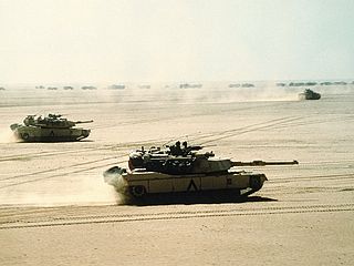 U.S. battle tanks move out on a mission during Operation Desert Storm. The United States led a coalition of more than 30 nations in an air and ground campaign that ended Iraq’s occupation of Kuwait.