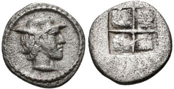 Alexander I of Macedon, silver obol; struck circa 460–450 BC.png