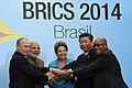 BRICS leaders in Brazil: Vladimir Putin (President of Russia), Narendra Modi (Prime Minister of India), Dilma Rousseff (President of Brazil), Xi Jinping (President of China), Jacob Zuma (President of South Africa) at the 6th BRICS summit (en-WP-article). (2014-07-15) → Category:2014 BRICS summit (photos).