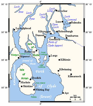 Firth of Clyde mit dem Holy Loch (etwa Mitte, oberhalb von Dunoon)