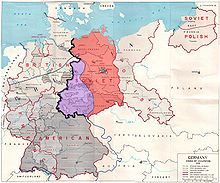 Map of the Allied zones of occupation in post-war Germany, as well as the line of U.S. forward positions on V-E Day. The south-western part of the Soviet occupation zone, close to a third of its overall area was west of the U.S. forward positions on V-E day.