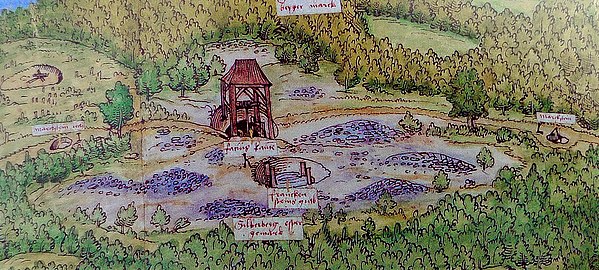 La fosse de Silbersegen (de) (détail), exploitation minière dans le Taunus, 1544.