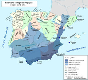 Iberský poloostrov před druhou punskou válkou, kartaginská Ibérie modře