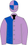 Mauve and royal blue (halved), mauve sleeves, quartered cap