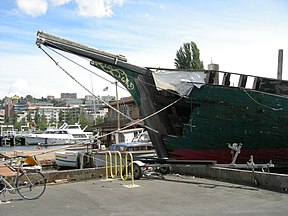 The schooner Wawona on South Lake Union and, behind it, Capitol Hill. The Wawona was taken away to be dismantled March 2009.