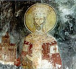 Peinture murale représentant Bagrat III dans le monastère de Ghélati.